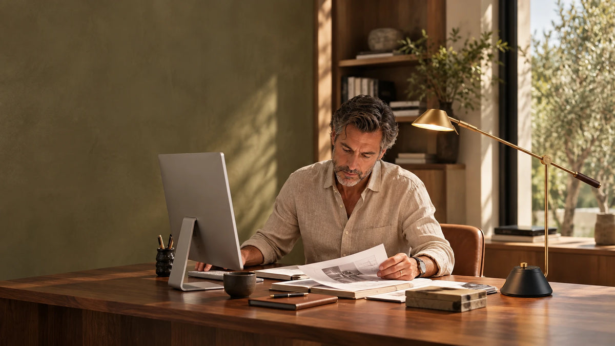 A man reading at his desk beside a SOLA Desk lamp