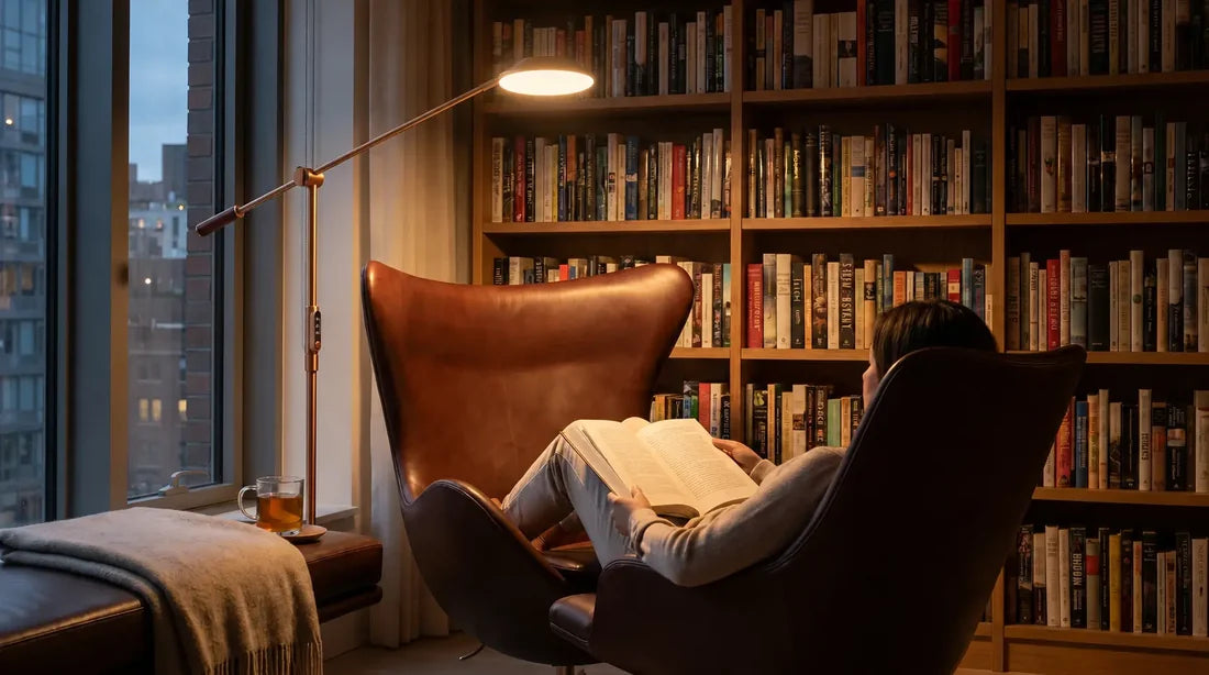 SOLA Floor lighting a reader’s open book beside shelving