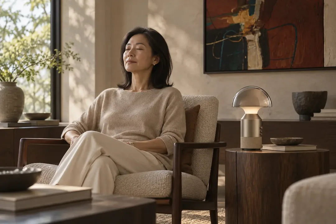 A mature professional taking a daytime listening pause with SOLA Halo Sound beside her