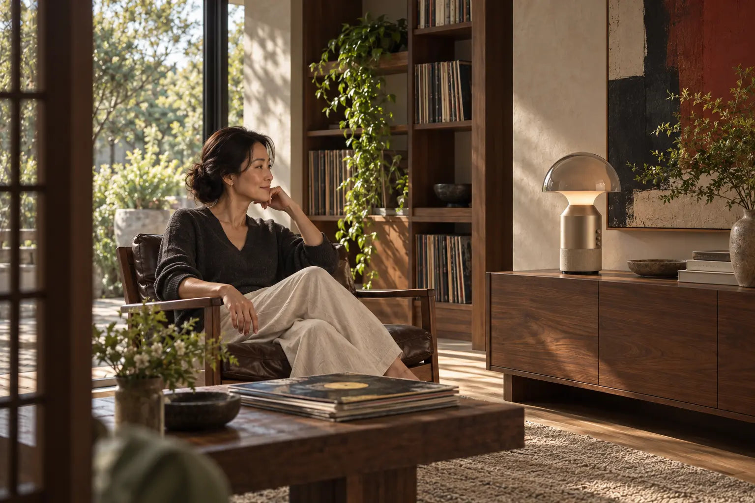 A mature professional listening beside SOLA Halo Sound in a daylight living room