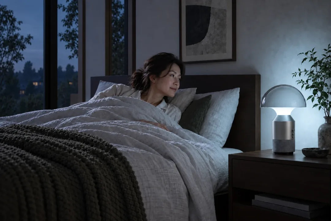 SOLA Halo Sound · 06:45 · Wake: illustrative light state in a real working or resting context