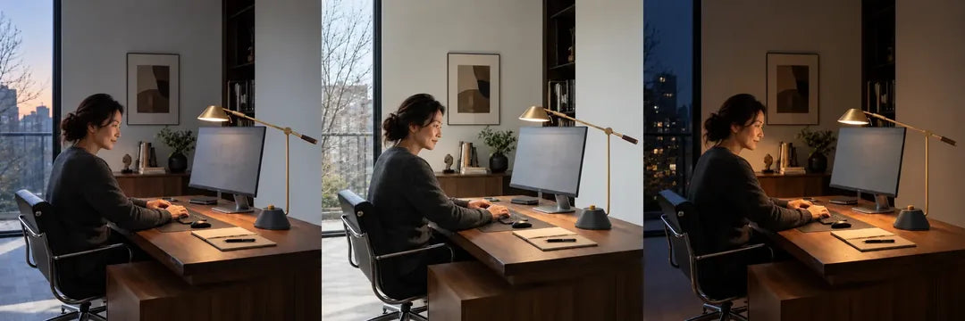 SOLA Desk · 07:00 · Morning: illustrative light state in a real working or resting context