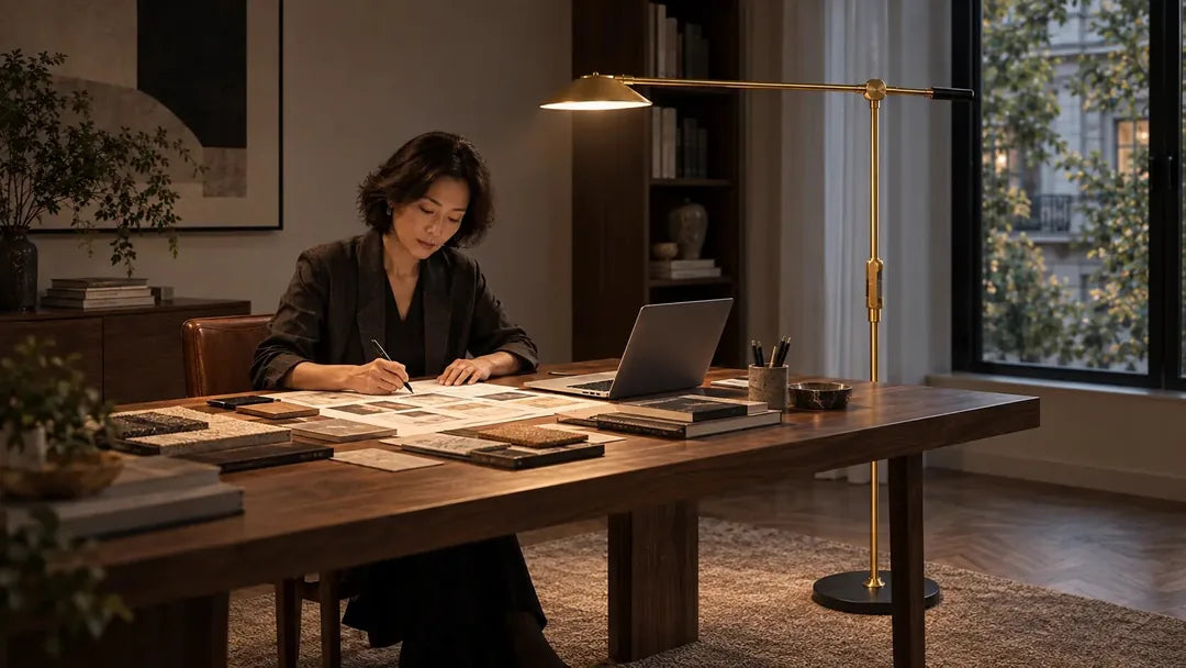 The complete SOLA Floor beside a large table, including lamp head, long articulated arm and floor base