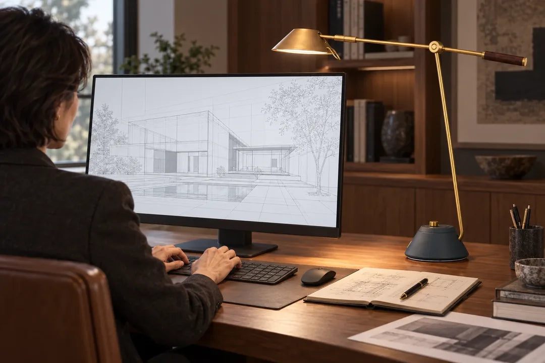Over-the-shoulder view of a screen, keyboard and hands with SOLA Desk lighting the working area