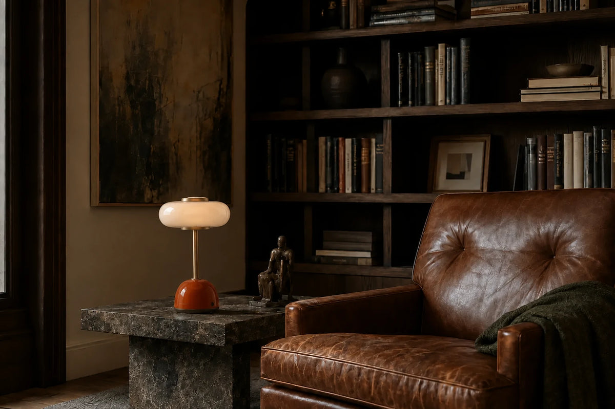 SOLA Halo beside dark bookshelves and a leather chair in a quiet reading space
