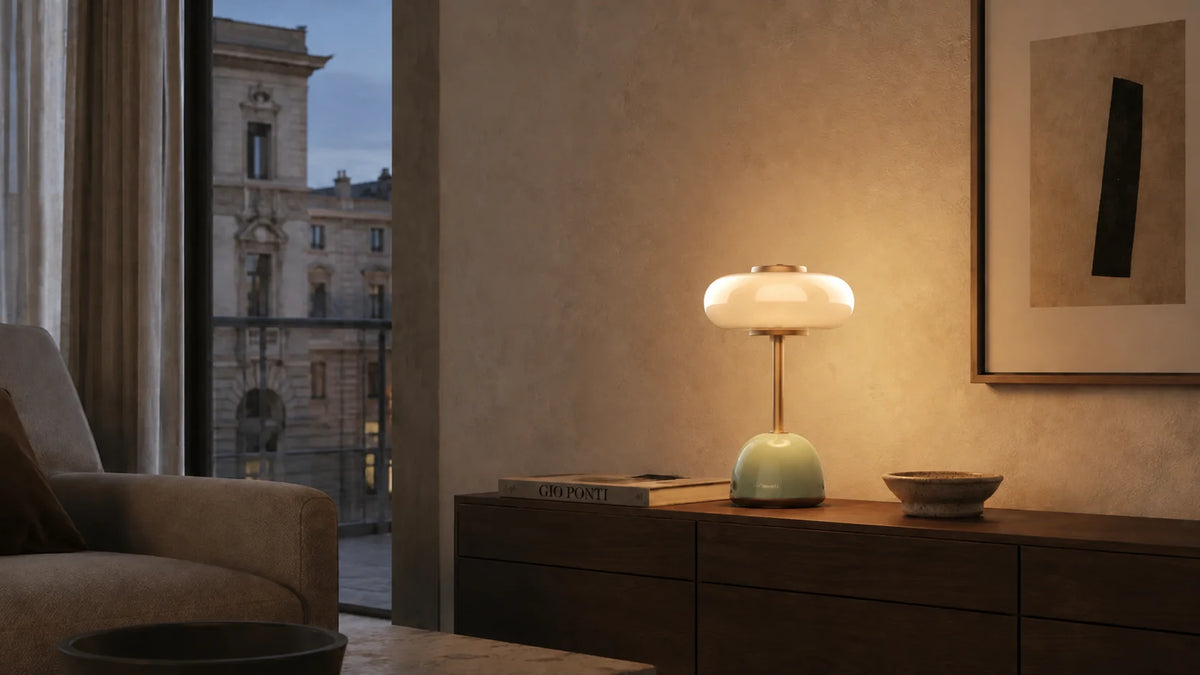 SOLA Halo on a low sideboard in a modernist living room