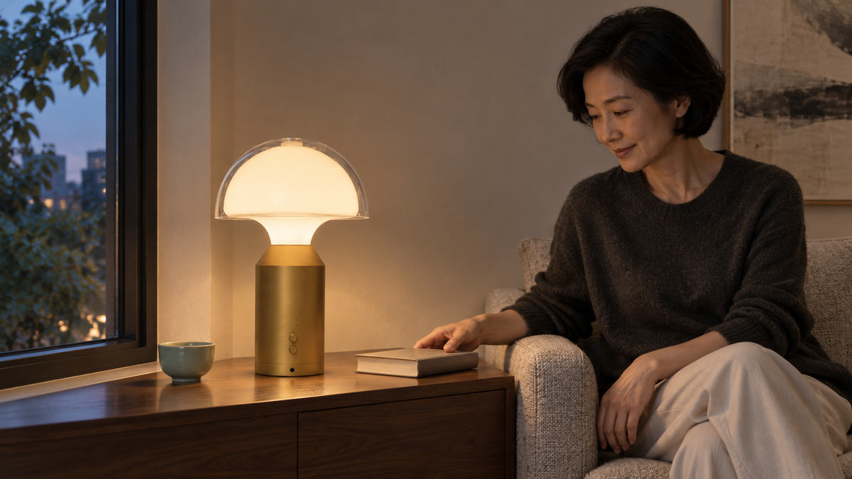 SOLA Halo Plus beside a bed in the evening