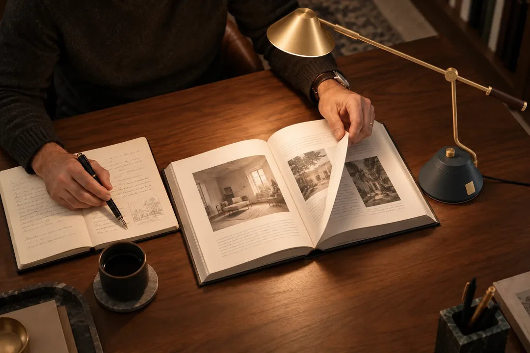 An open book and handwritten notes lit by SOLA Desk