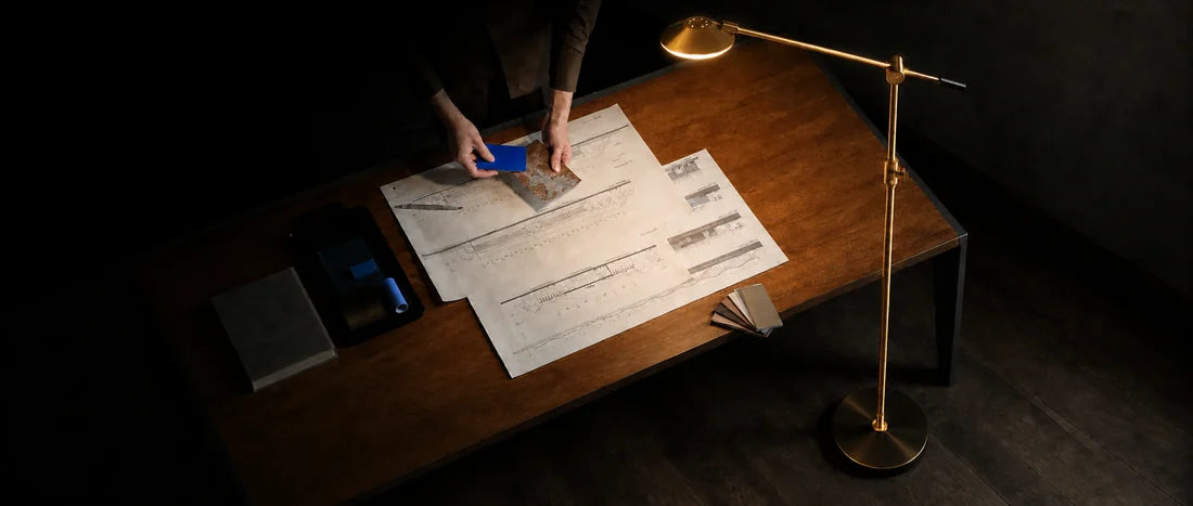Overhead view of SOLA Floor lighting a broad table with architectural drawings and a person's working hands