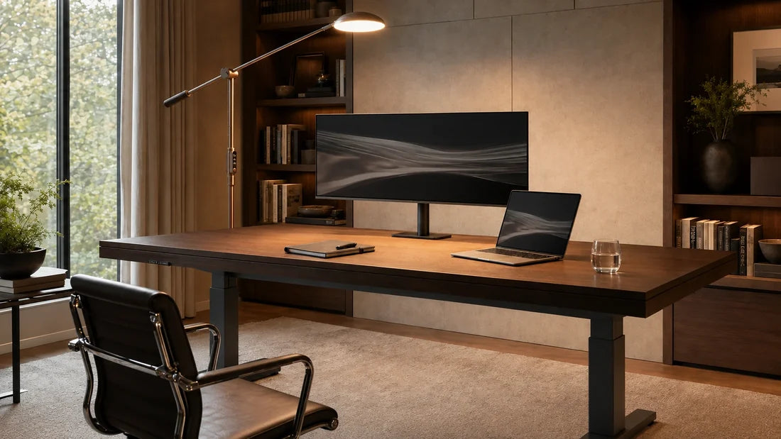 SOLA Floor positioned over a wide desk with a monitor, laptop and keyboard