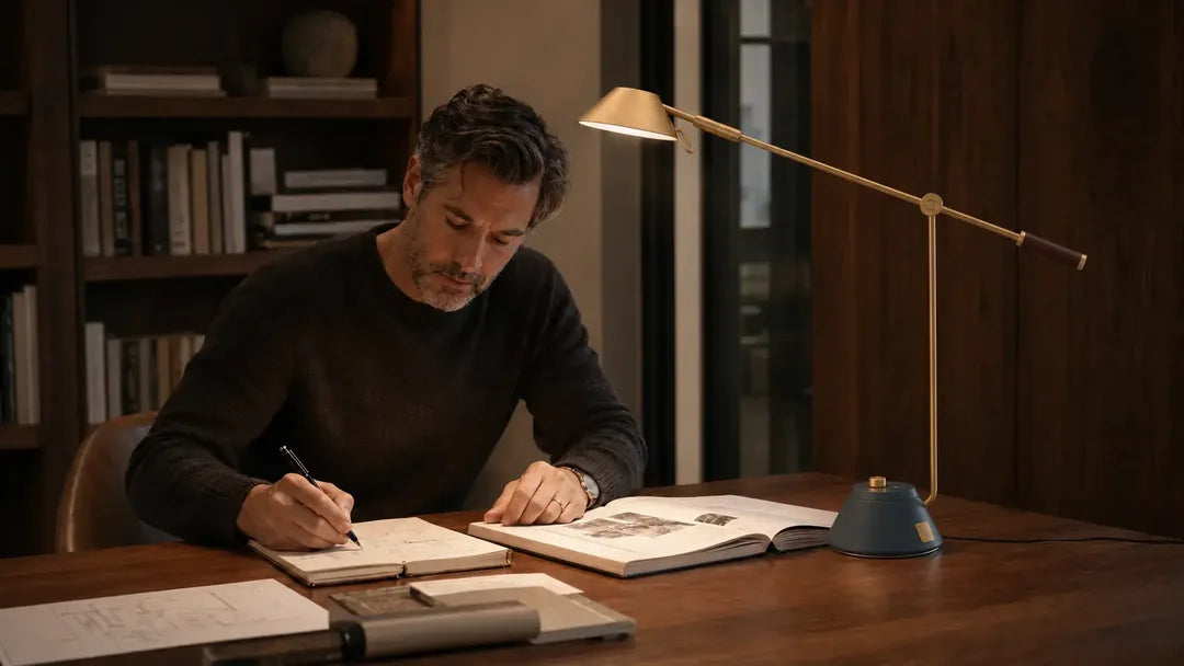 A professional writing beside SOLA Desk, with the complete brass lamp visible from shade and articulated arm to weighted base