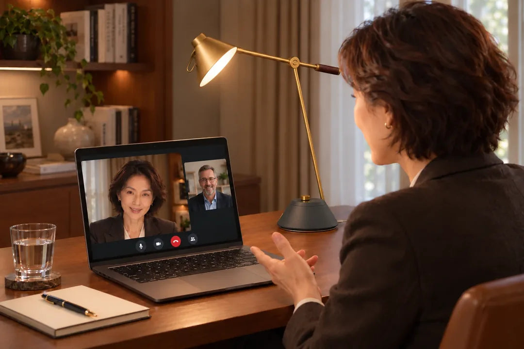 A video call on a laptop screen with SOLA Desk directed toward the speaker’s face