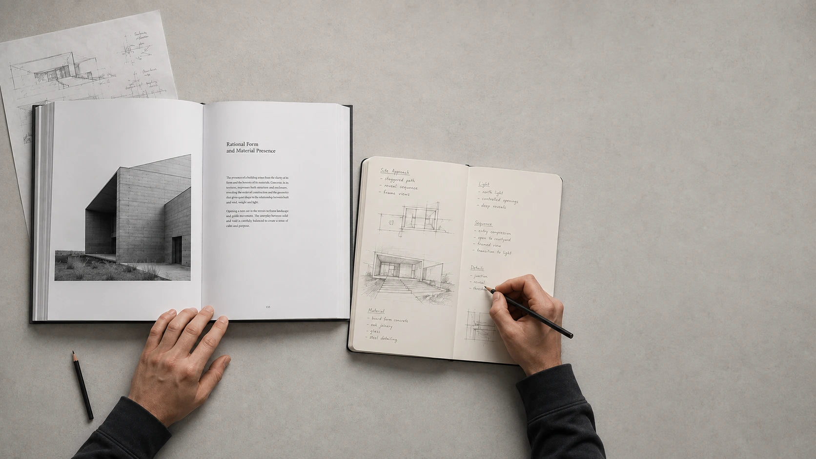 Overhead view of an open architecture book and notebook, with hands reading and writing. Illustrative desk scene.